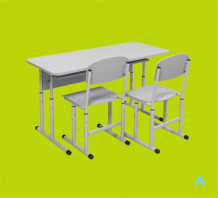 фото - Комплект стіл учнівський 2-місний з полицею, кругла труба, регулюється на ростові групи № 4-6 + стілець полозковий на круглій трубі, з покриттям HPL, №4-6