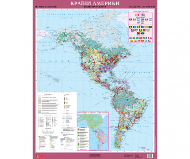 Країни Америки. Економічна карта м-б 1:13 000 000 картон на планках 2022 - фото