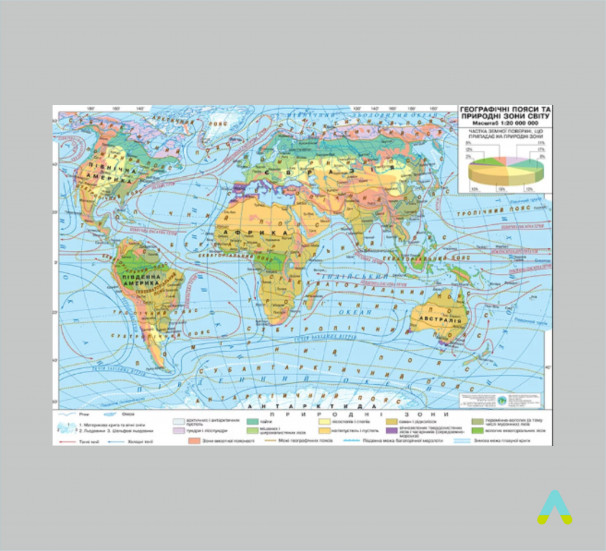 Географічні пояси та природні зони світу М1: 22 000 000 ламінована - фото